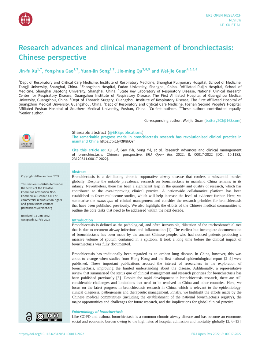 PDF Research advances and clinical management of bronchiectasis