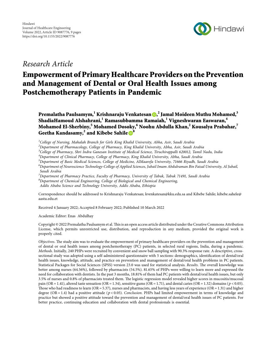 Pdf) Empowerment Of Primary Healthcare Providers On The Prevention And  Management Of Dental Or Oral Health Issues Among Postchemotherapy Patients  In Pandemic