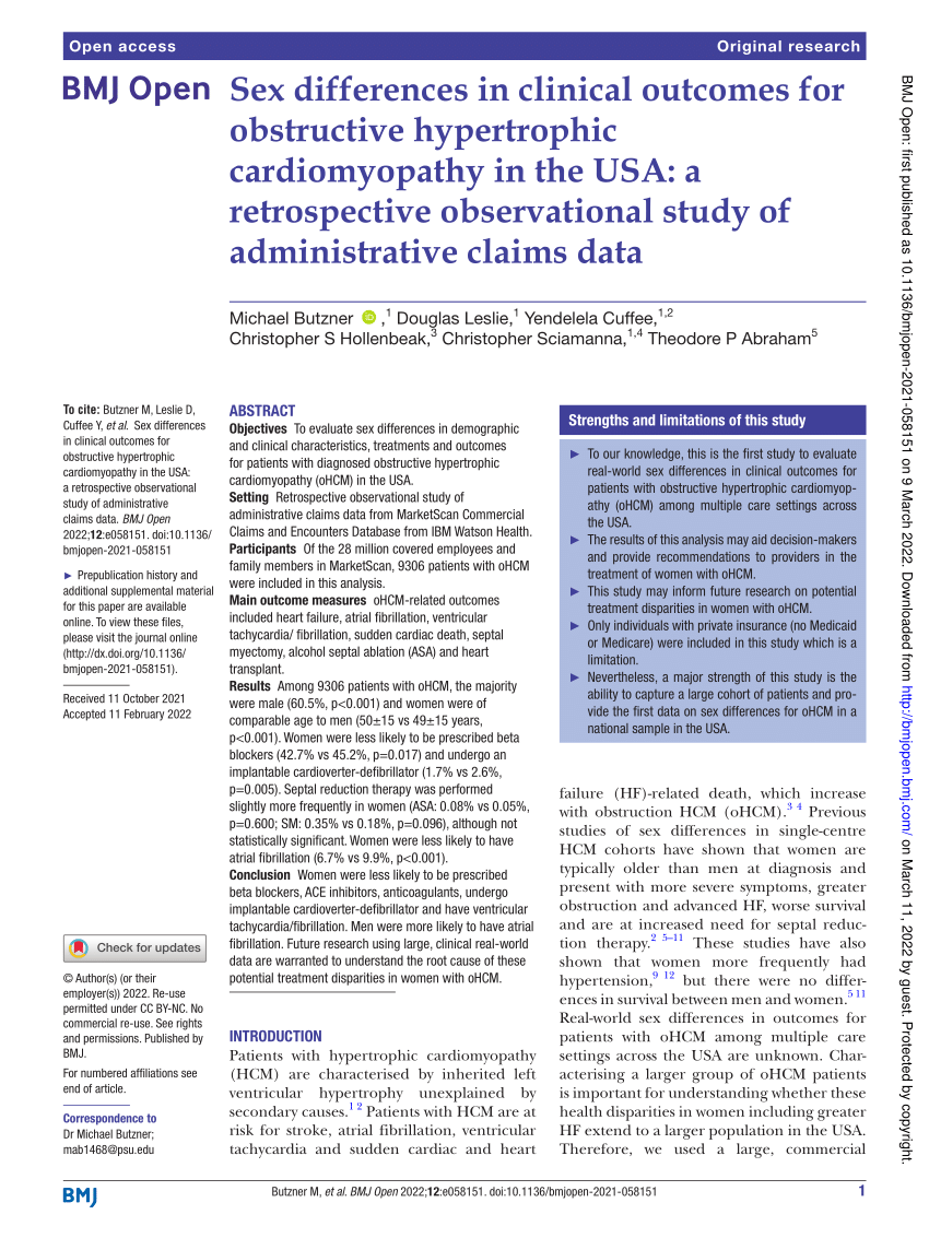 Pdf Sex Differences In Clinical Outcomes For Obstructive Hypertrophic Cardiomyopathy In The