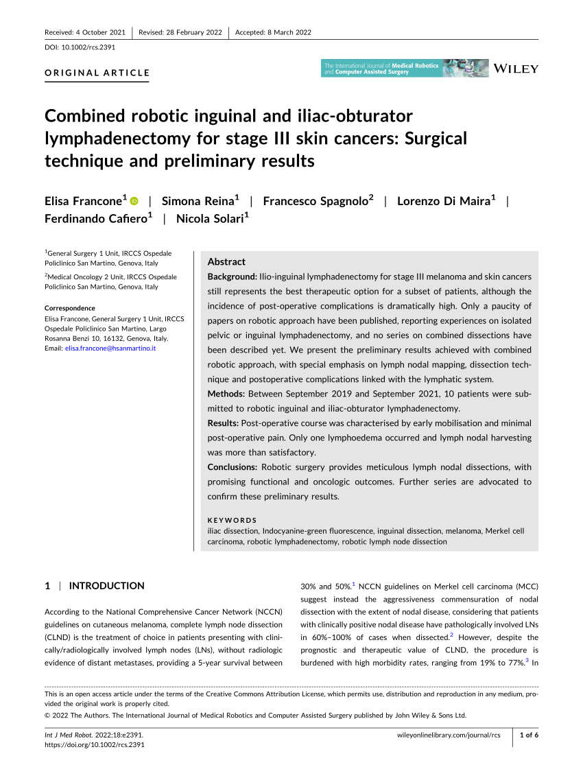 Pdf Combined Robotic Inguinal And Iliac‐obturator Lymphadenectomy For Stage Iii Skin Cancers 