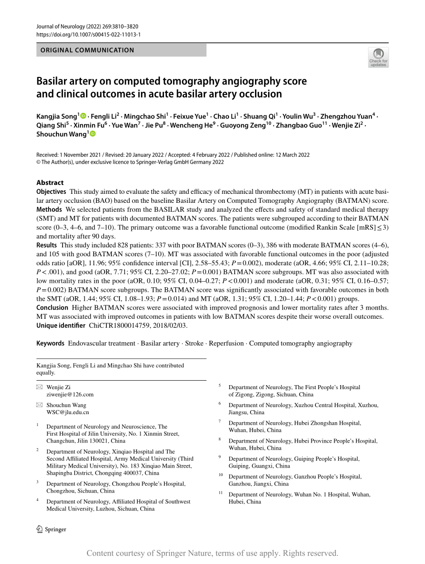 Basilar Artery On Computed Tomography Angiography Score And Clinical Outcomes In Acute Basilar 0919