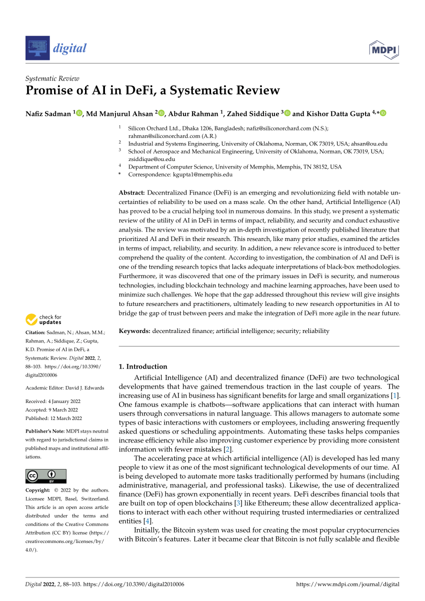 Pdf Promise Of Ai In Defi A Systematic Review