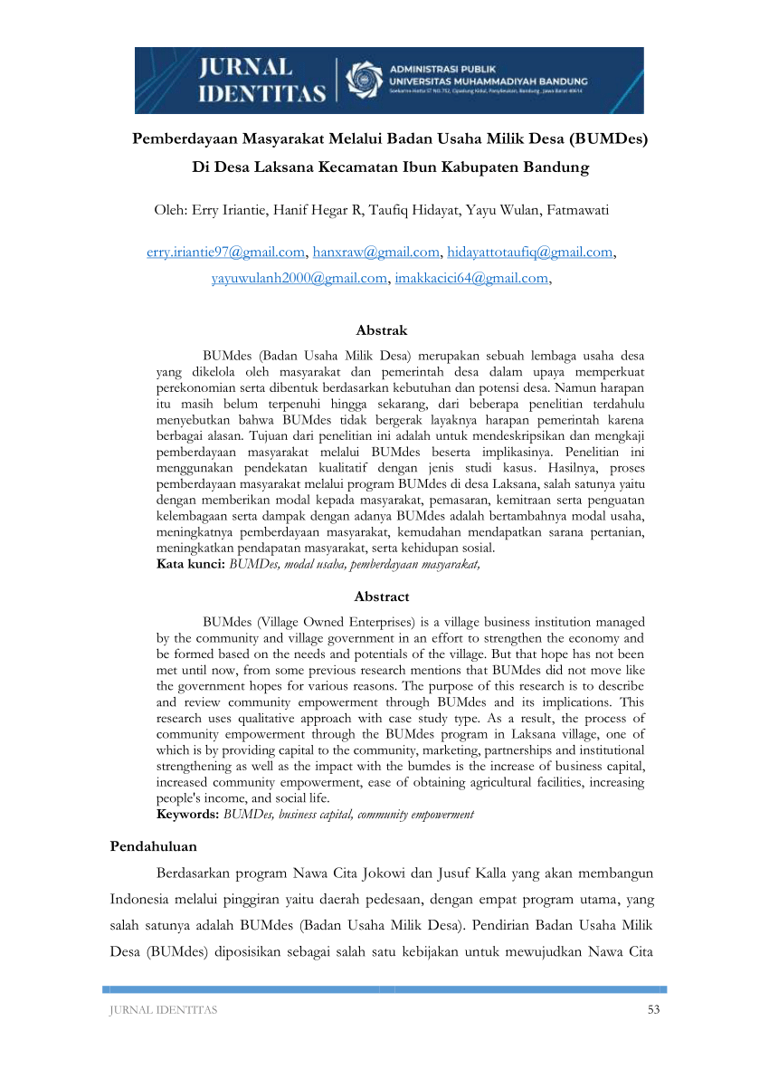 Pdf Pemberdayaan Masyarakat Melalui Badan Usaha Milik Desa Bumdes