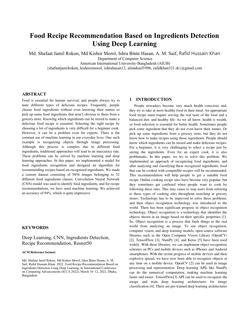 (PDF) Food Recipe Based on Ingredients Detection Using Deep Learning