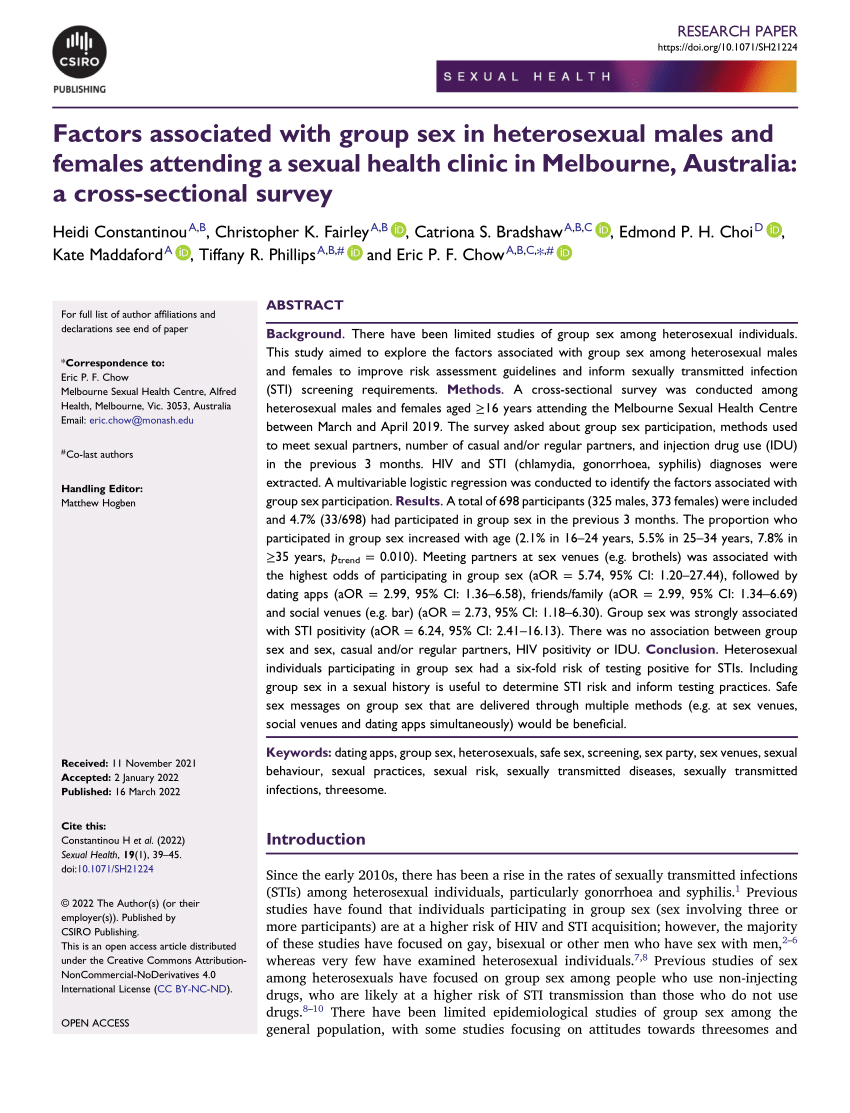 PDF) Factors associated with group sex in heterosexual males and females attending a sexual health clinic in Melbourne, Australia a cross-sectional survey