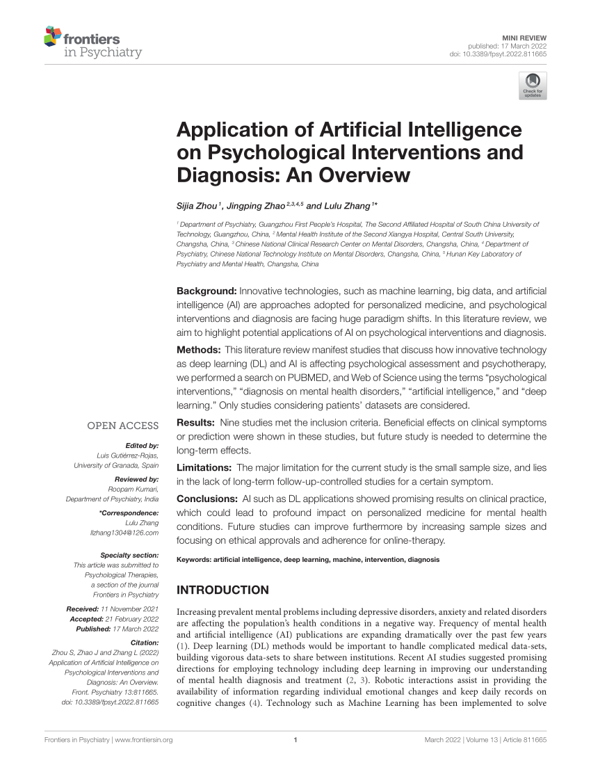 Pdf Application Of Artificial Intelligence On Psychological Interventions And Diagnosis An 