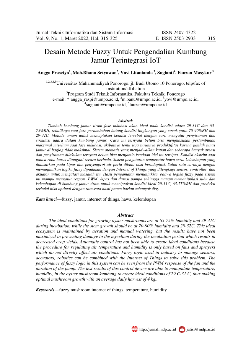 Pdf Desain Metode Fuzzy Untuk Pengendalian Kumbung Jamur Terintegrasi Iot