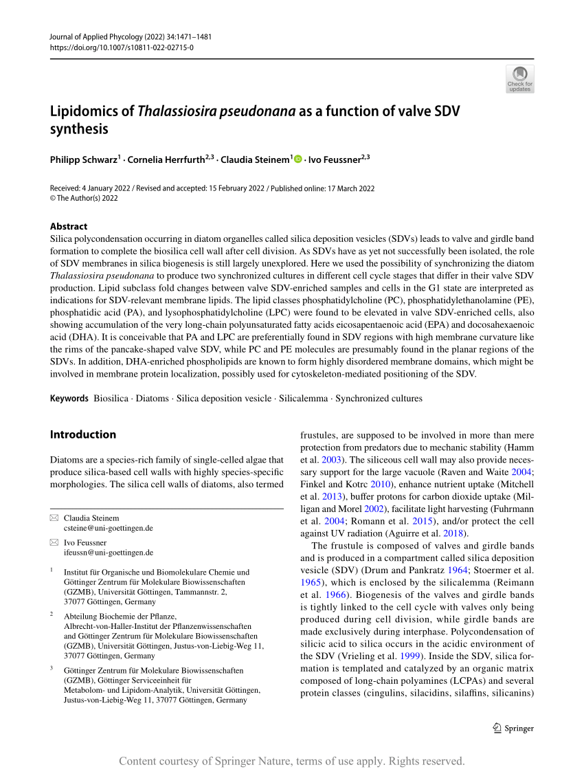 PDF) Lipidomics of Thalassiosira pseudonana as a function of valve SDV  synthesis