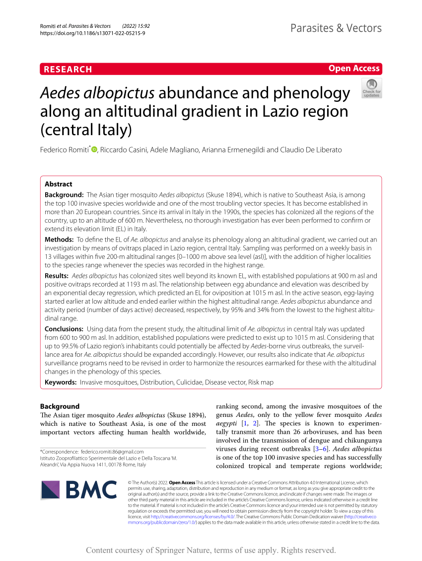 PDF) Aedes albopictus abundance and phenology along an altitudinal