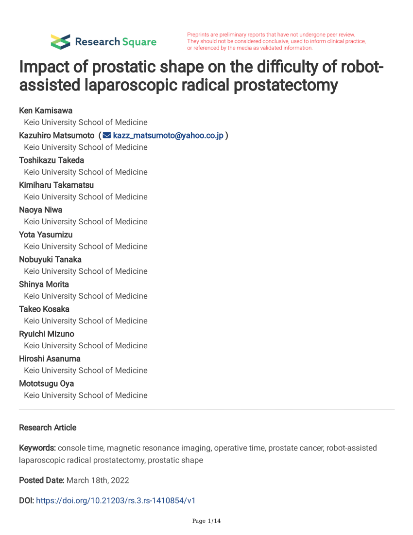 Pdf Impact Of Prostatic Shape On The Difficulty Of Robot Assisted Laparoscopic Radical 5632