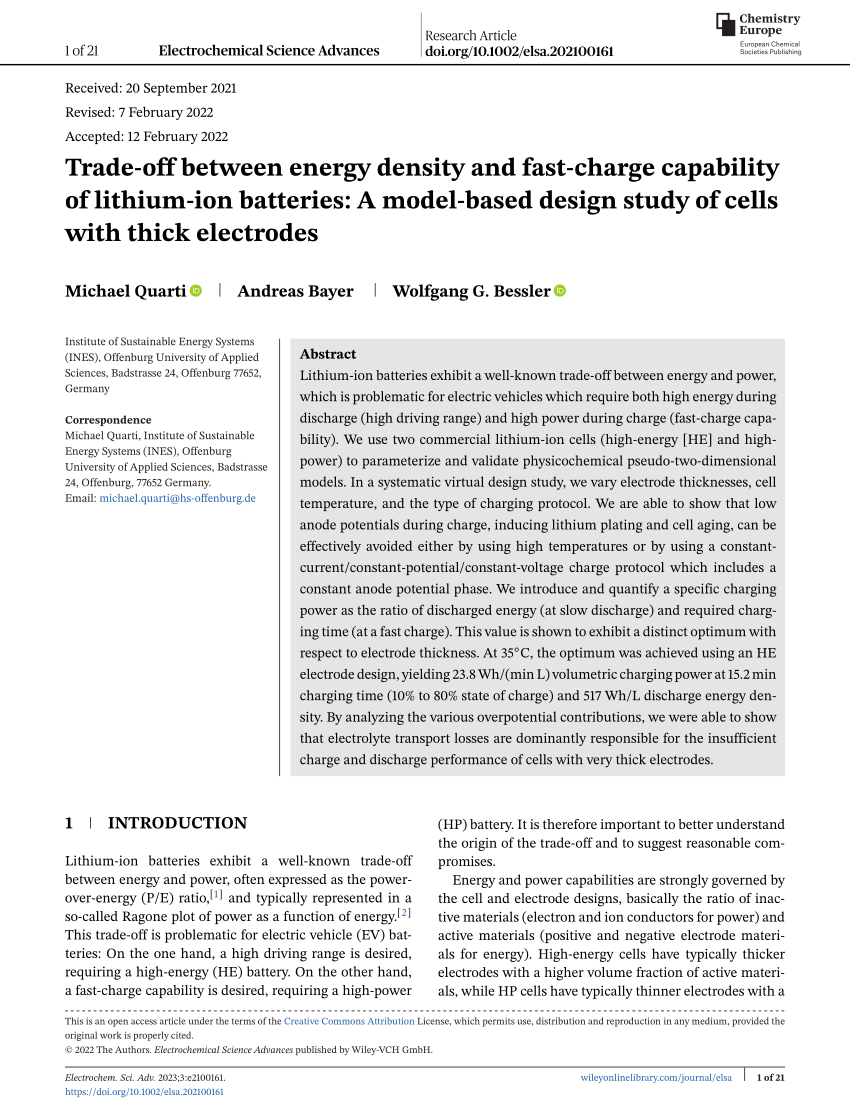 Trade‐off between energy density and fast‐charge capability of lithium‐ion  batteries: A model‐based design study of cells with thick electrodes -  Quarti - 2023 - Electrochemical Science Advances - Wiley Online Library