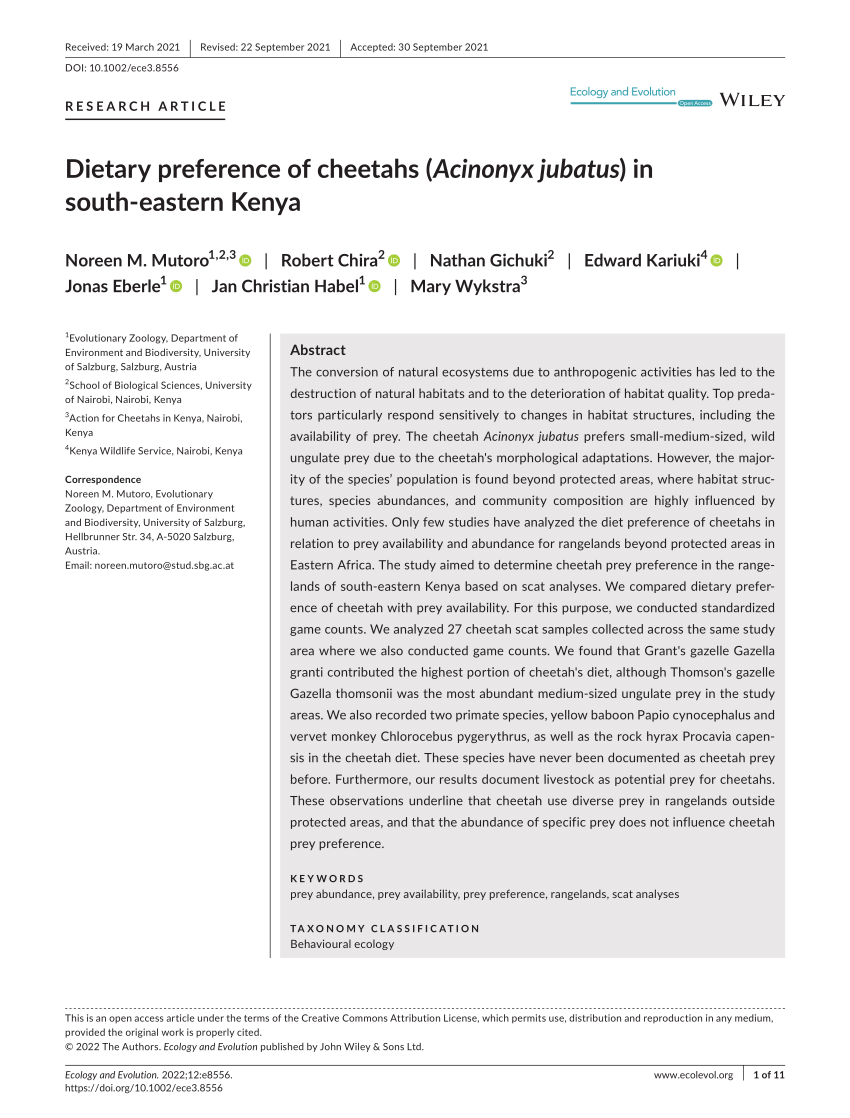 Pdf Dietary Preference Of Cheetahs Acinonyx Jubatus In South Eastern Kenya