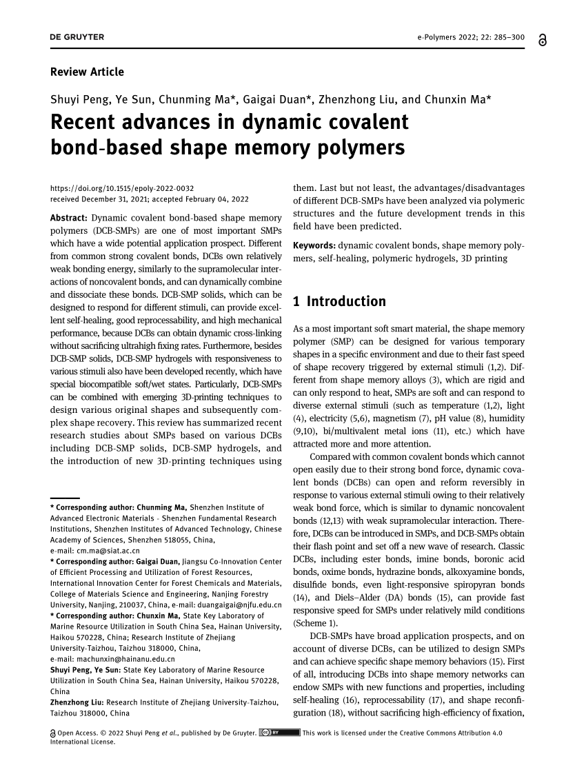 Pdf Recent Advances In Dynamic Covalent Bond Based Shape Memory Polymers