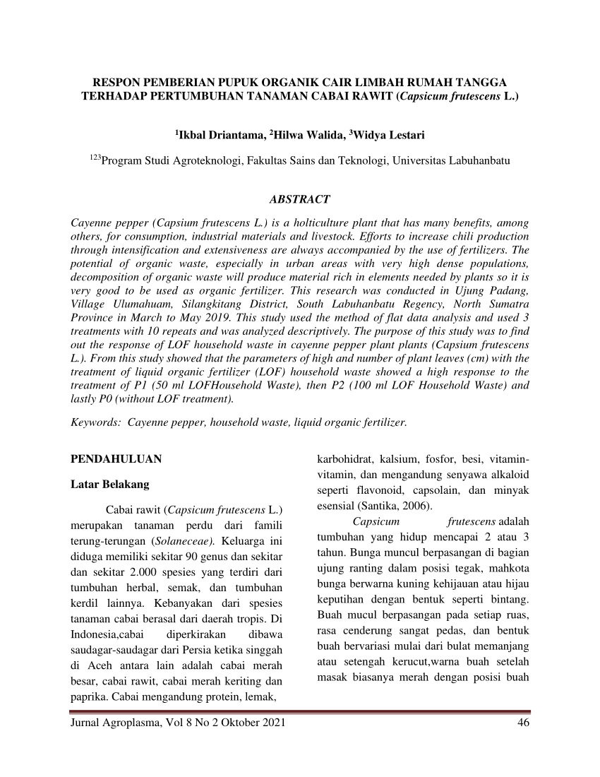 Pdf Respon Pemberian Pupuk Organik Cair Limbah Rumah Tangga Terhadap Pertumbuhan Tanaman Cabai 9426