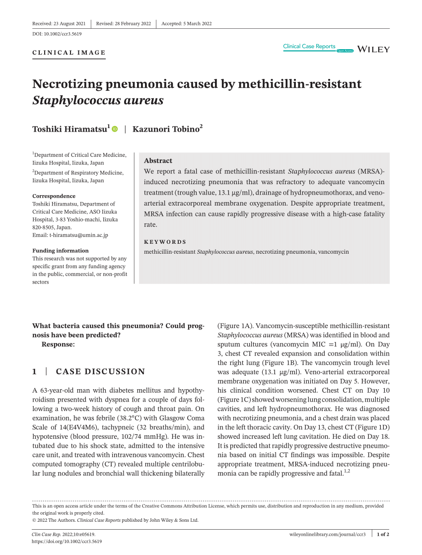 Pdf Necrotizing Pneumonia Caused By Methicillin‐resistant Staphylococcus Aureus 4013