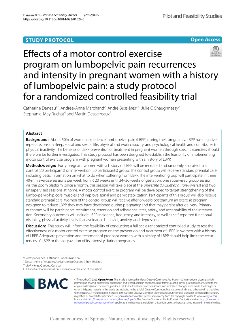 (PDF) Effects of a motor control exercise program on lumbopelvic pain  recurrences and intensity in pregnant women with a history of lumbopelvic  pain: a study protocol for a randomized controlled feasibility trial