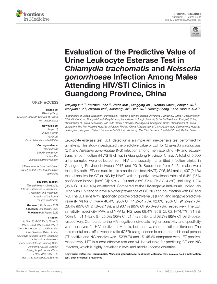 Pdf Evaluation Of The Predictive Value Of Urine Leukocyte Esterase Test In Chlamydia 8784