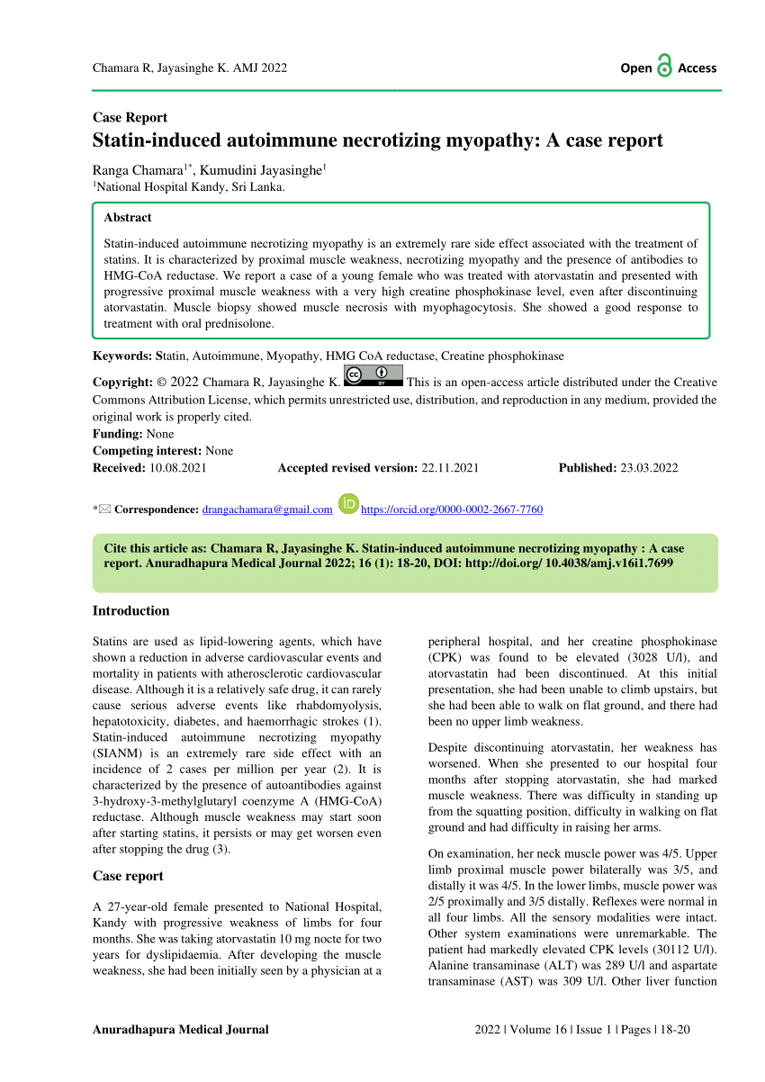 Pdf Statin Induced Autoimmune Necrotizing Myopathy A Case Report 9036