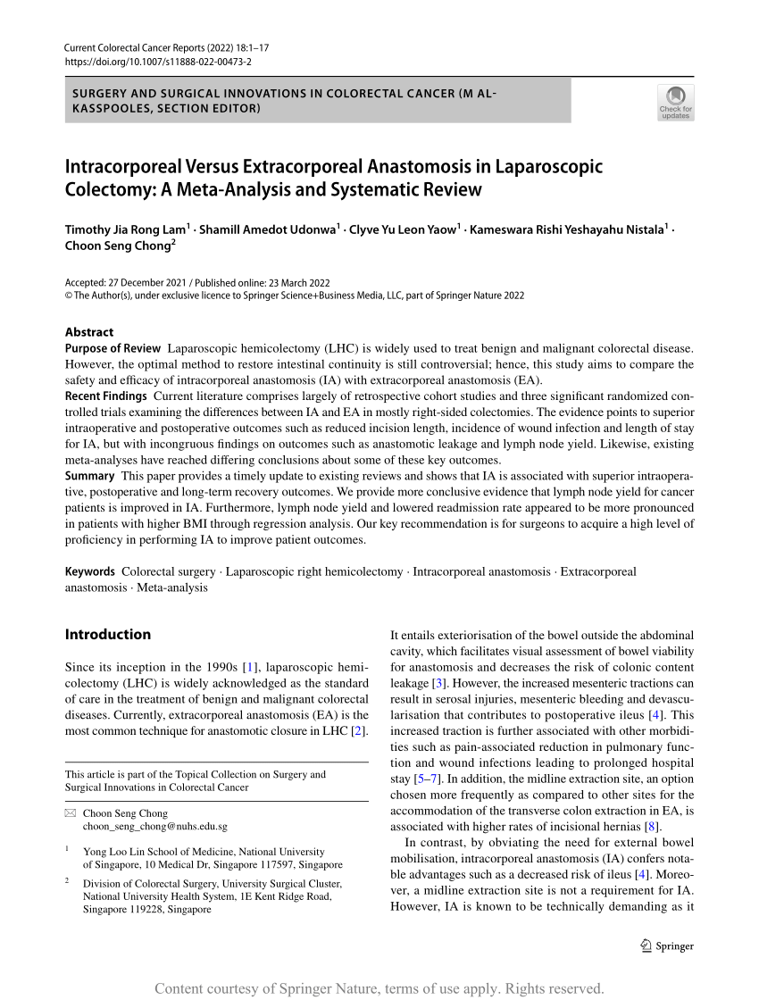 Intracorporeal Versus Extracorporeal Anastomosis in Laparoscopic ...