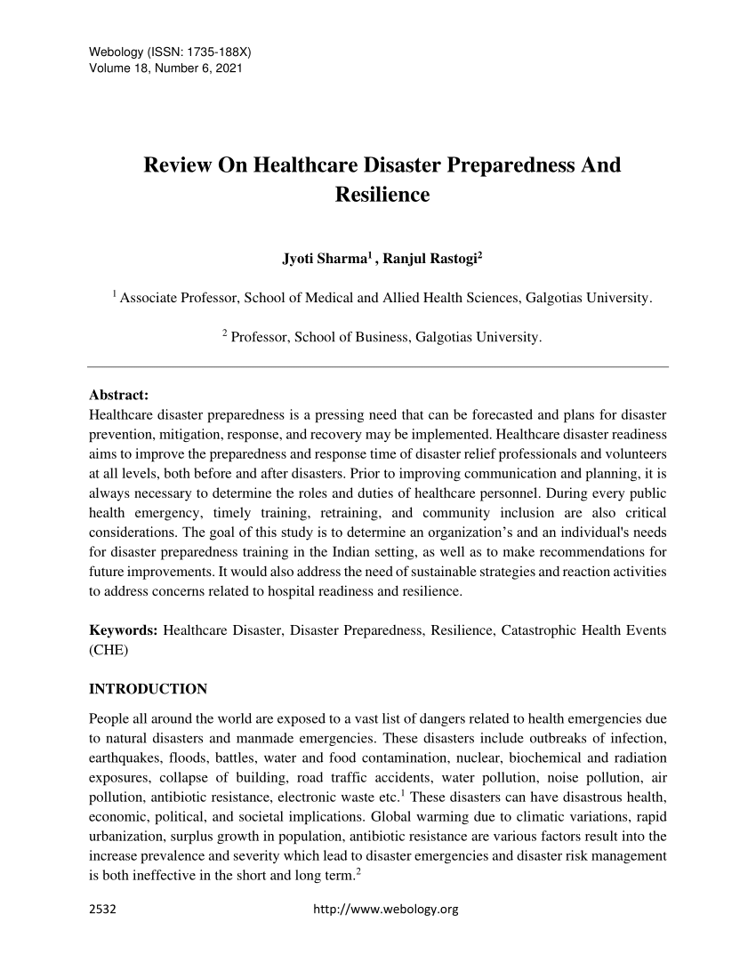(PDF) Review On Healthcare Disaster Preparedness And Resilience