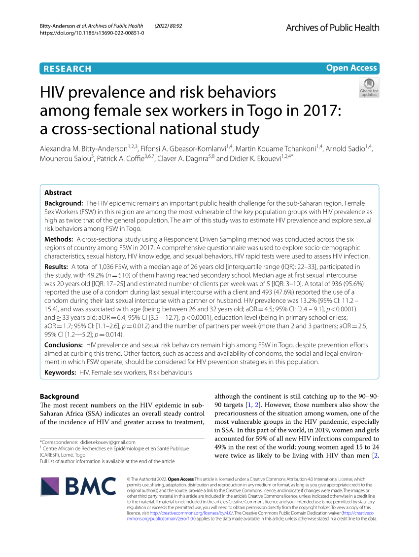 Pdf Hiv Prevalence And Risk Behaviors Among Female Sex Workers In Togo In 2017 A Cross
