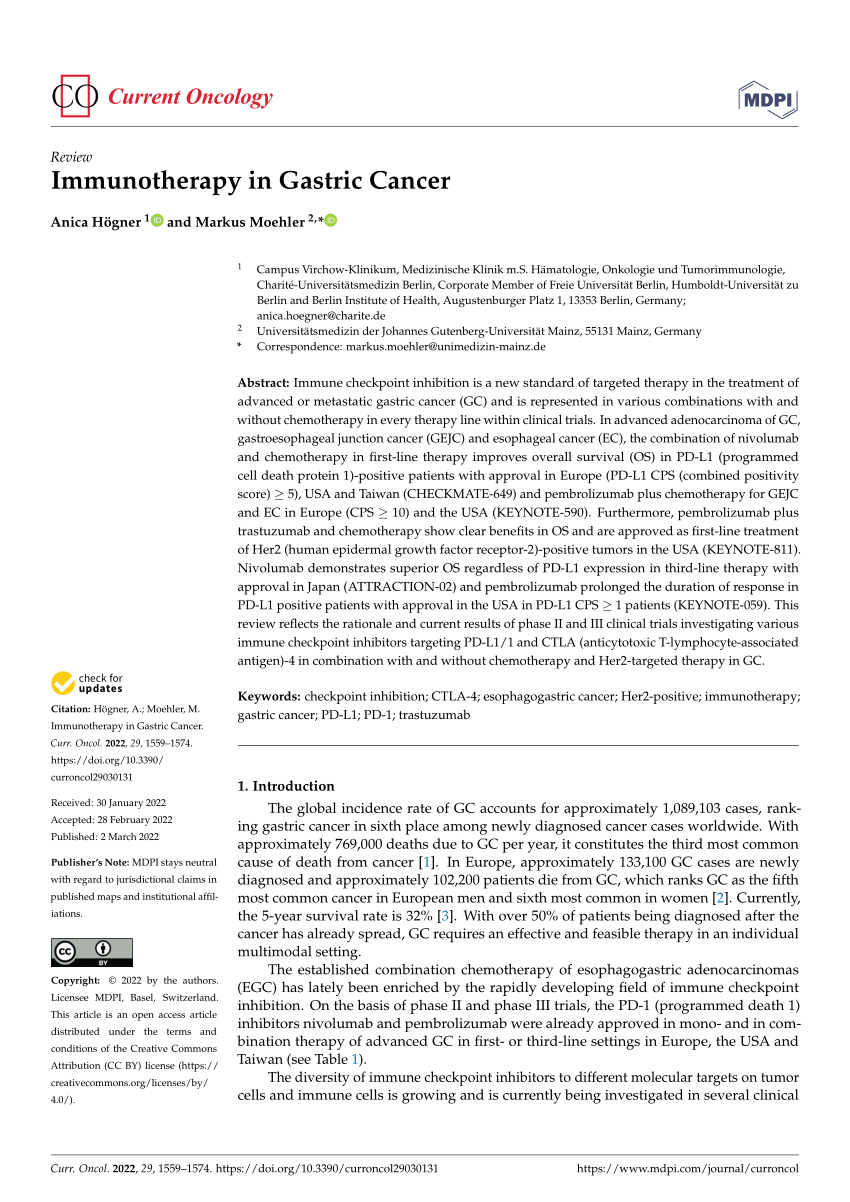 Pdf Immunotherapy In Gastric Cancer