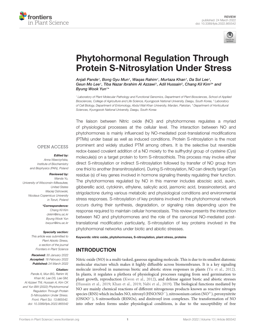 Frontiers  Phytohormonal Regulation Through Protein S-Nitrosylation Under  Stress