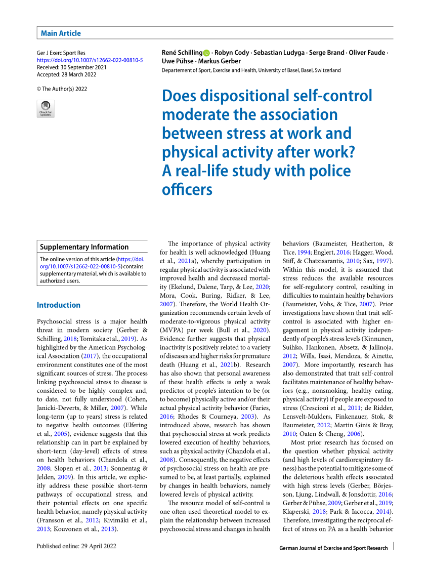 Pdf Does Dispositional Self Control Moderate The Association Between Stress At Work And Physical Activity After Work A Real Life Study With Police Officers