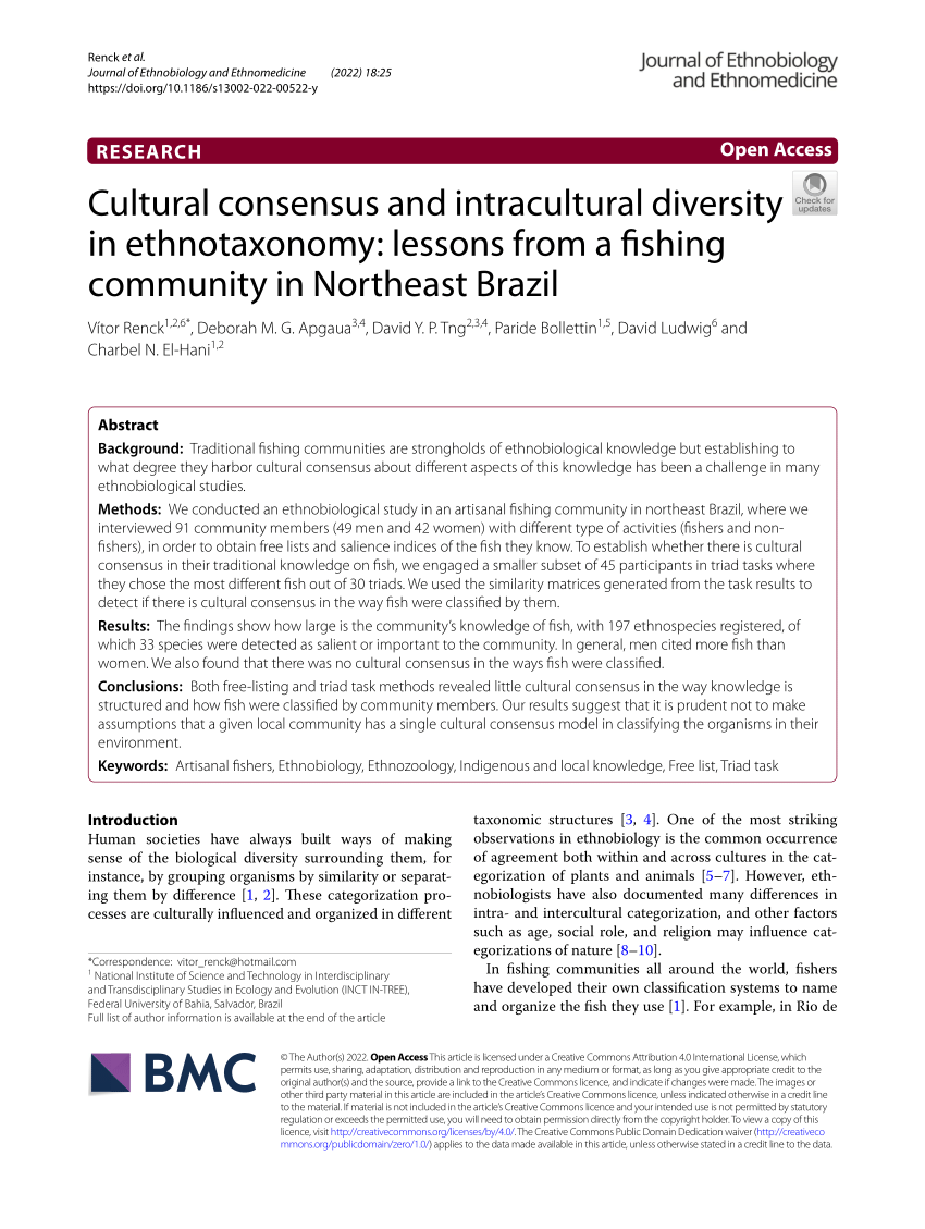 PDF) Cultural consensus and intracultural diversity in ethnotaxonomy lessons from a fishing community in Northeast Brazil
