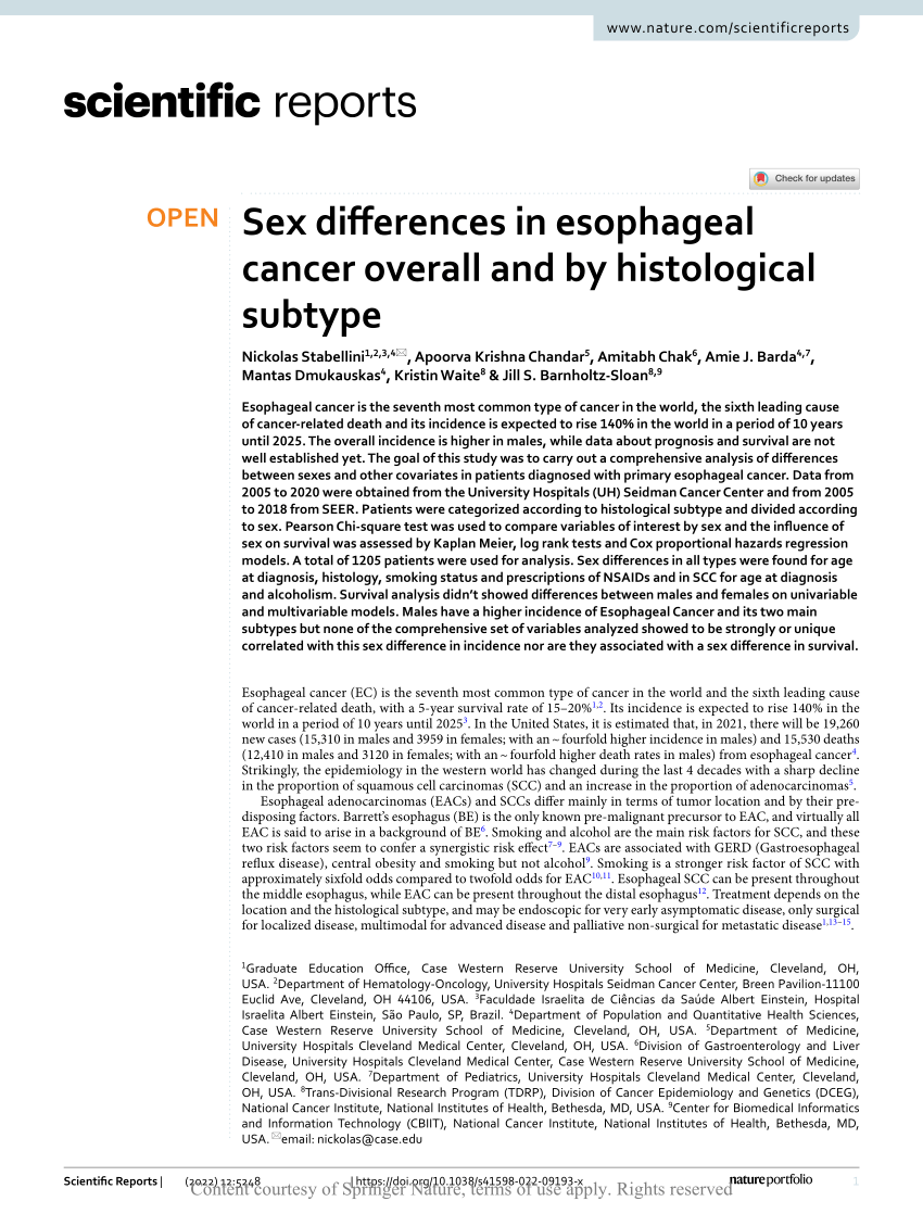 Pdf Sex Differences In Esophageal Cancer Overall And By Histological Subtype 5680