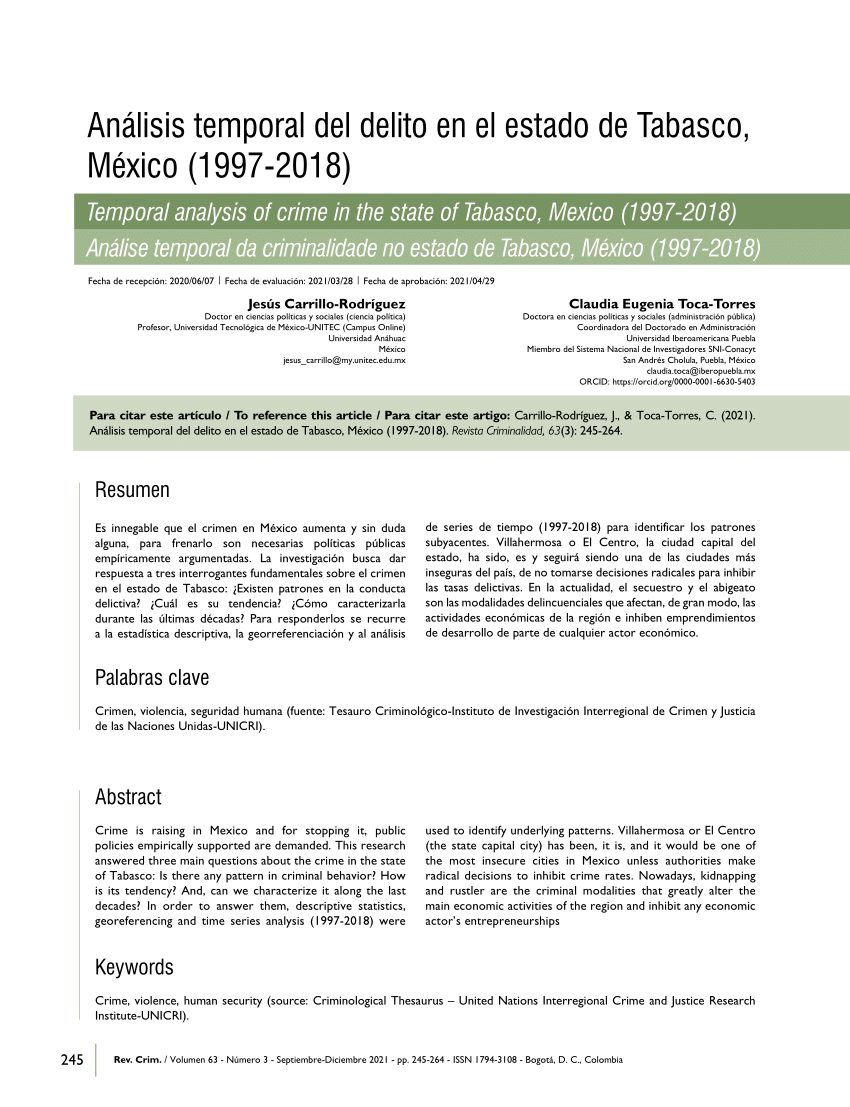 Pdf Análisis Temporal Del Delito En El Estado De Tabasco México 1997 2018 2973