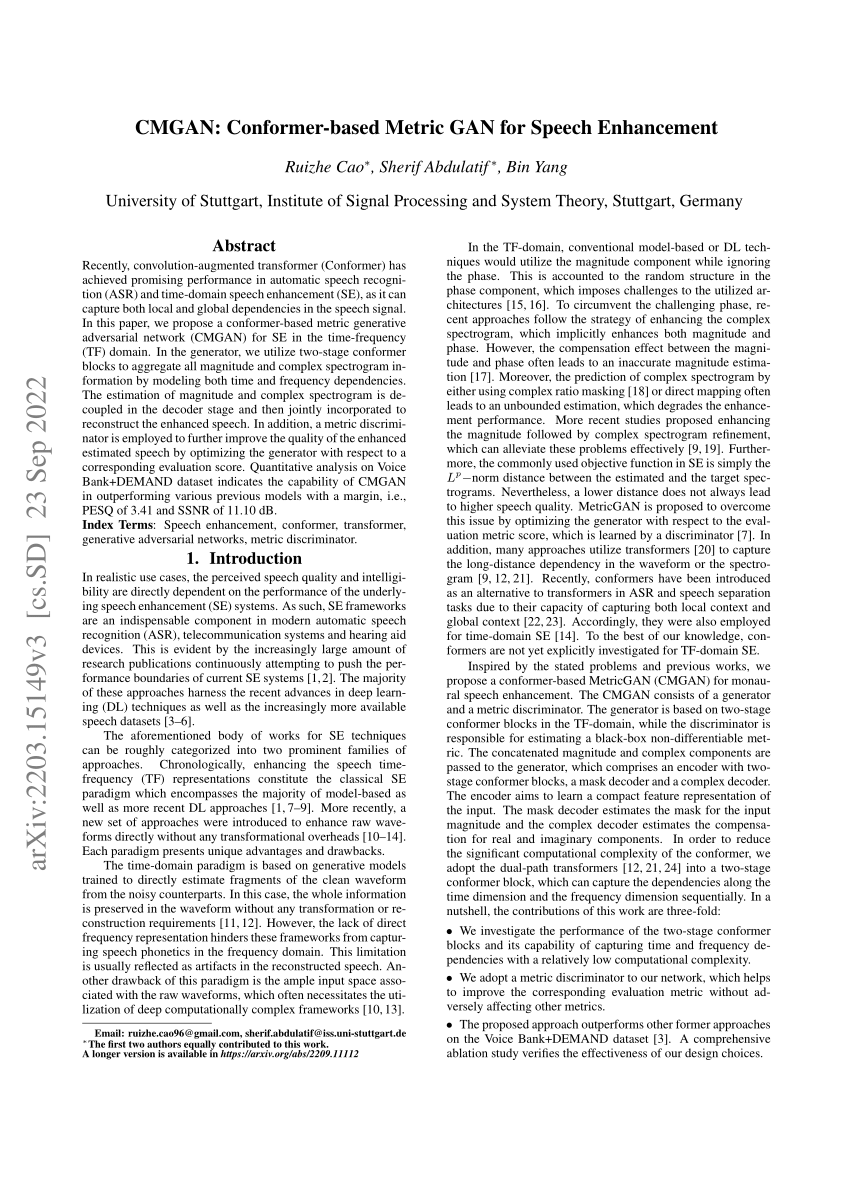 (PDF) CMGAN Conformerbased Metric GAN for Speech Enhancement