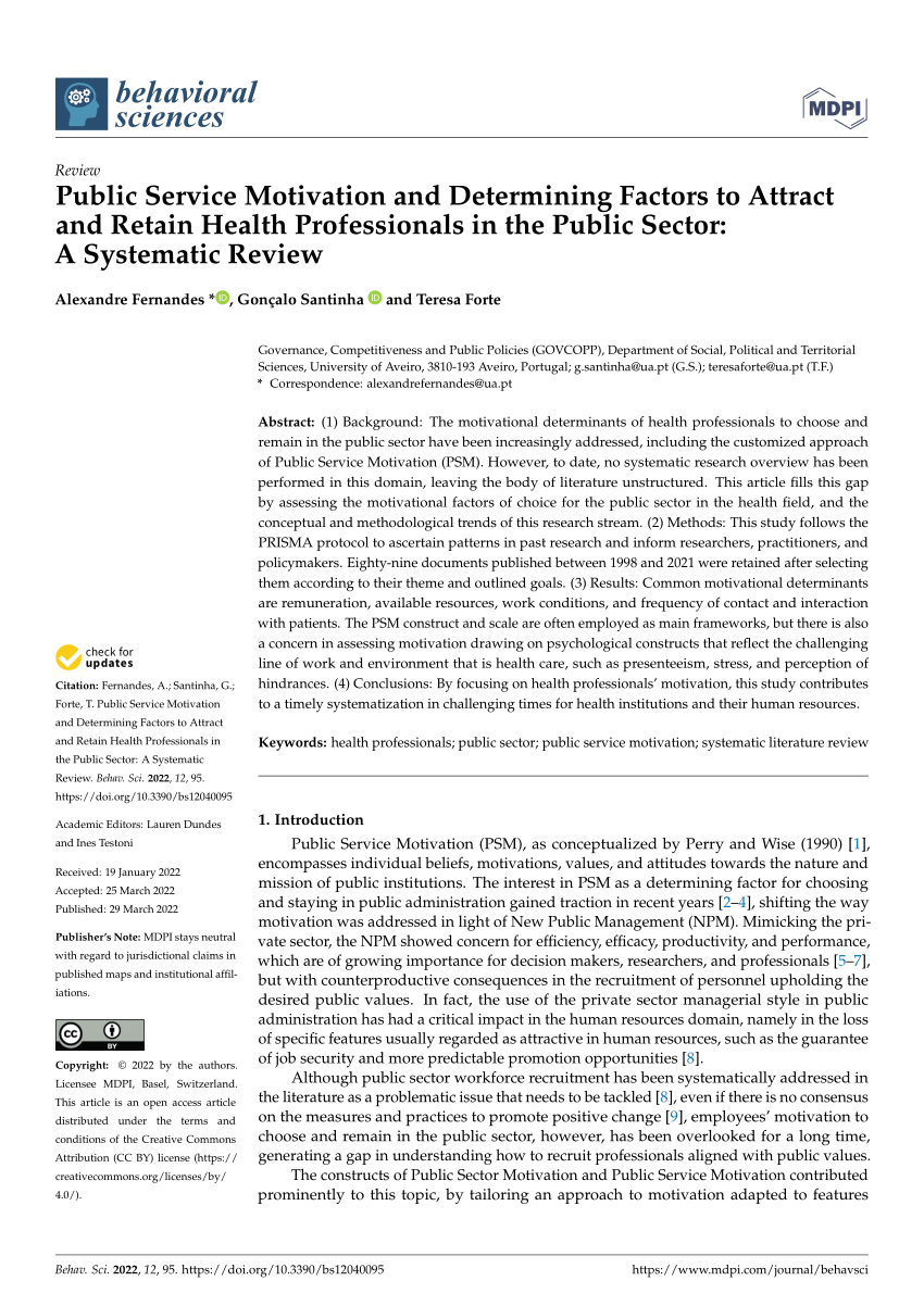 Pdf Public Service Motivation And Determining Factors To Attract And Retain Health Professionals In The Public Sector A Systematic Review