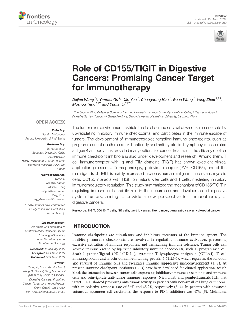 Pdf Role Of Cd Tigit In Digestive Cancers Promising Cancer Target