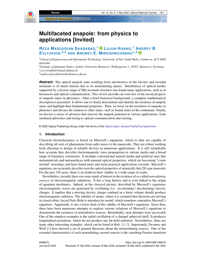 PDF) Multifaceted anapole: from physics to applications- Invited