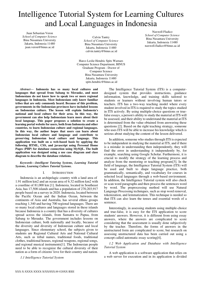 PDF) Intelligence Tutorial System for Learning Cultures and Local Languages  in Indonesia