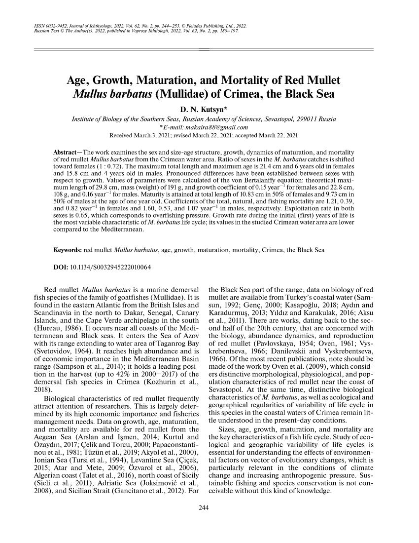 (PDF) Age, Growth, Maturation, and Mortality of Red Mullet Mullus ...