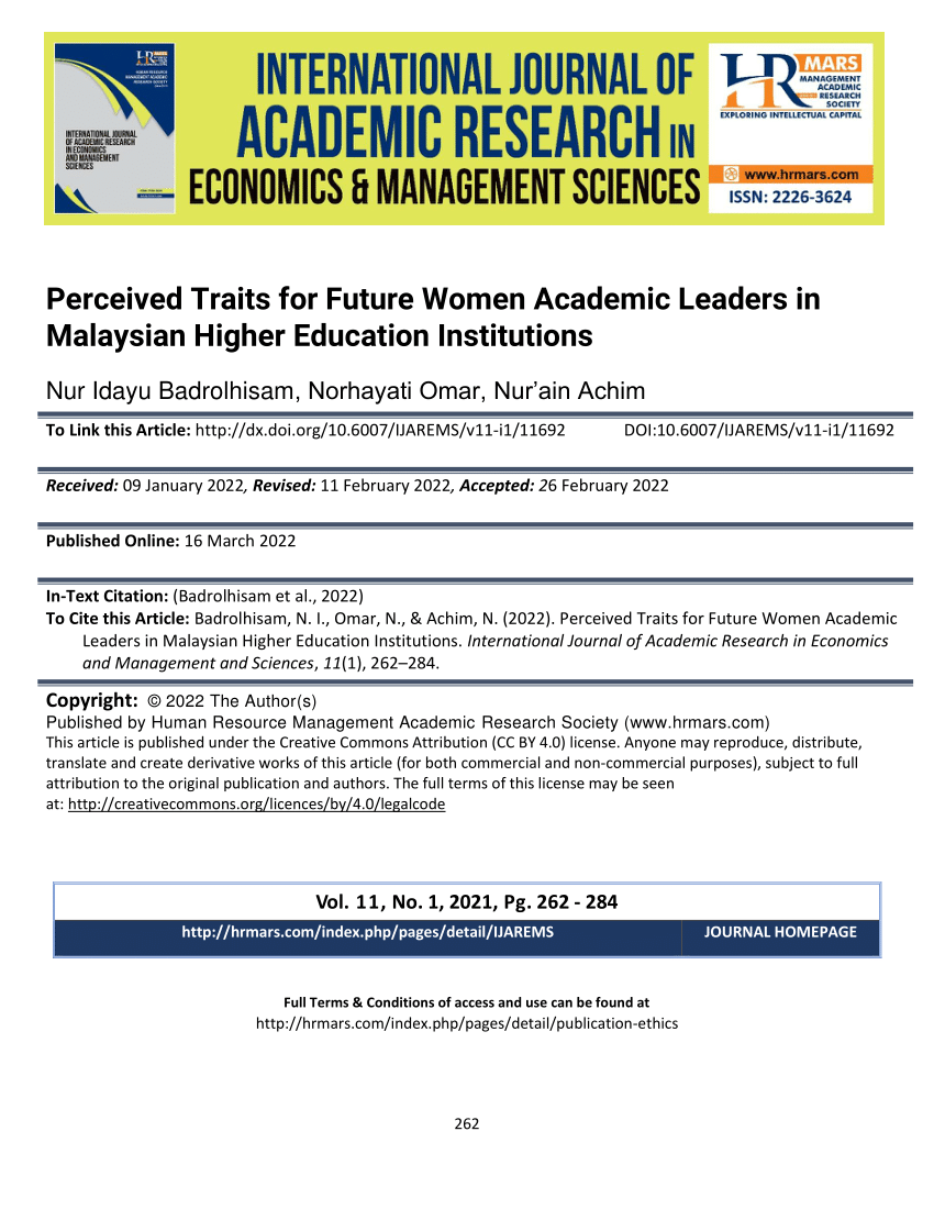 Pdf Perceived Traits For Future Women Academic Leaders In Malaysian Higher Education Institutions