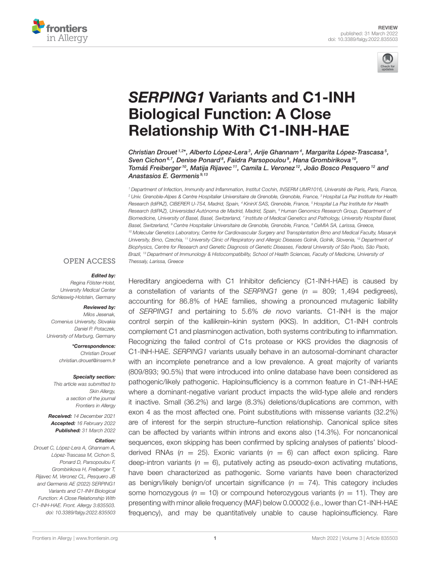 Pdf Serping1 Variants And C1 Inh Biological Function A Close Relationship With C1 Inh Hae 5411