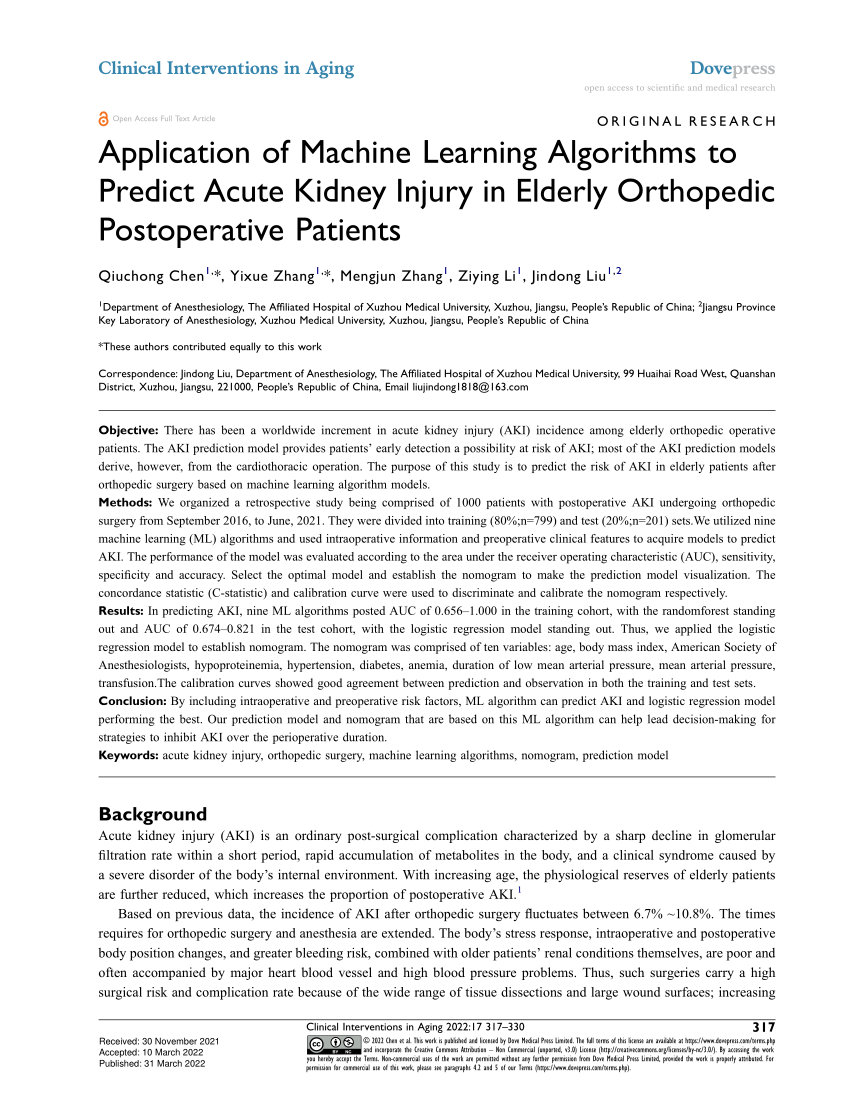 PDF Application of Machine Learning Algorithms to Predict Acute  