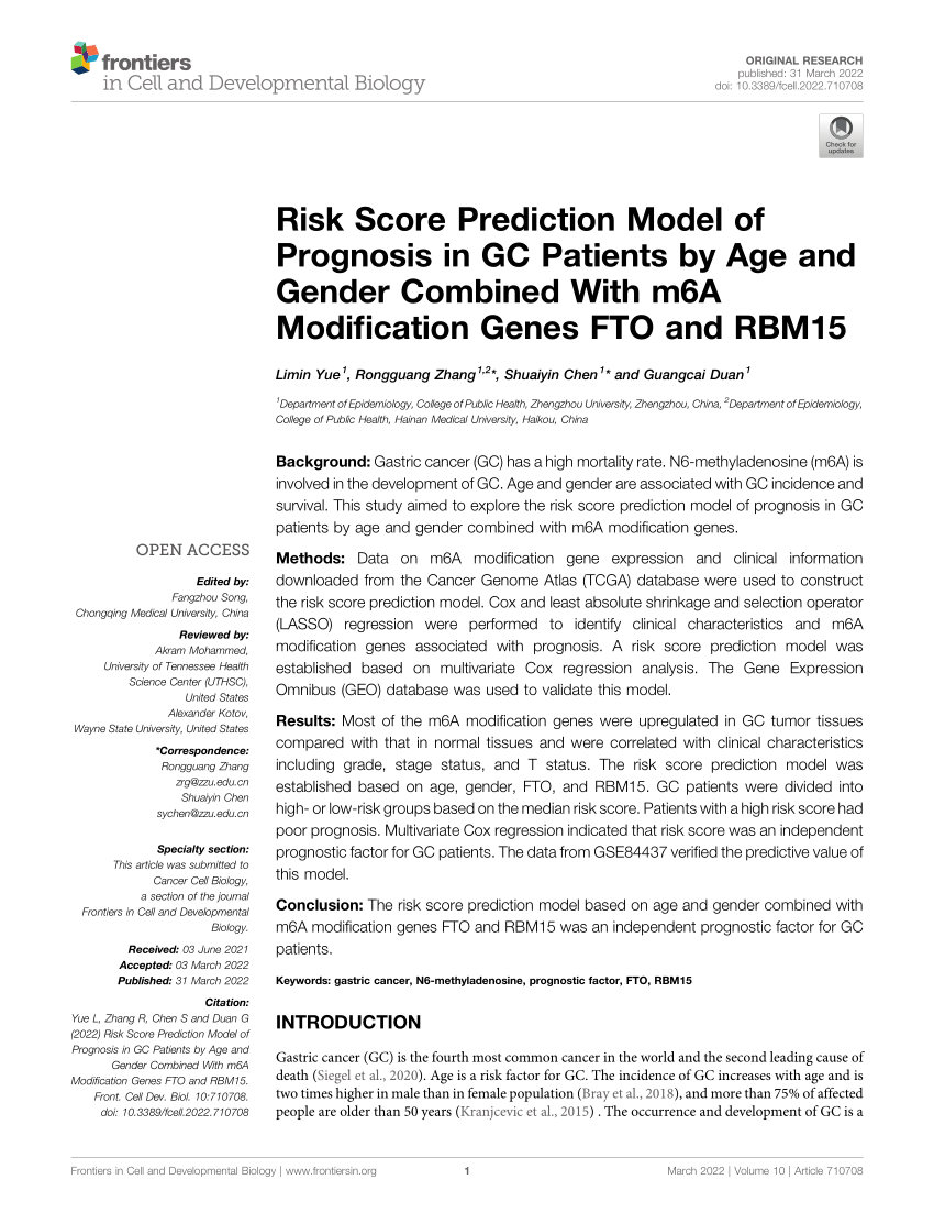 (PDF) Risk Score Prediction Model of Prognosis in GC Patients by Age