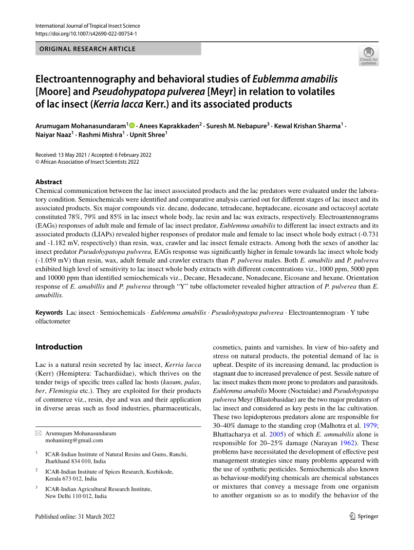 (PDF) Electroantennography and behavioral studies of Eublemma amabilis ...