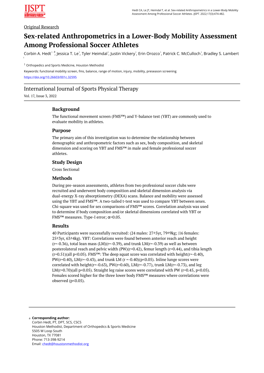 Pdf Sex Related Anthropometrics In A Lower Body Mobility Assessment Among Professional Soccer 1143