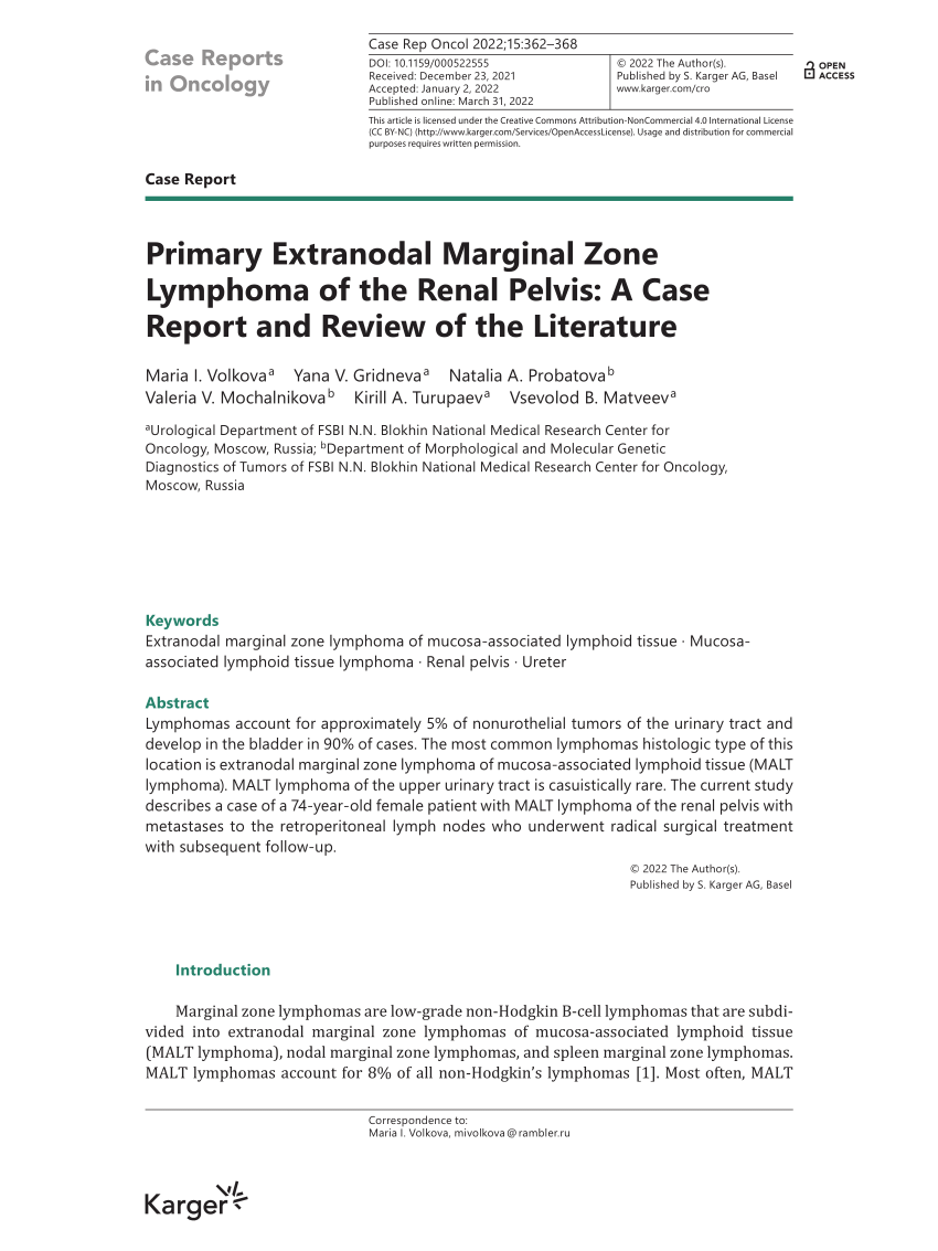 Pdf Primary Extranodal Marginal Zone Lymphoma Of The Renal Pelvis A Case Report And Review Of 