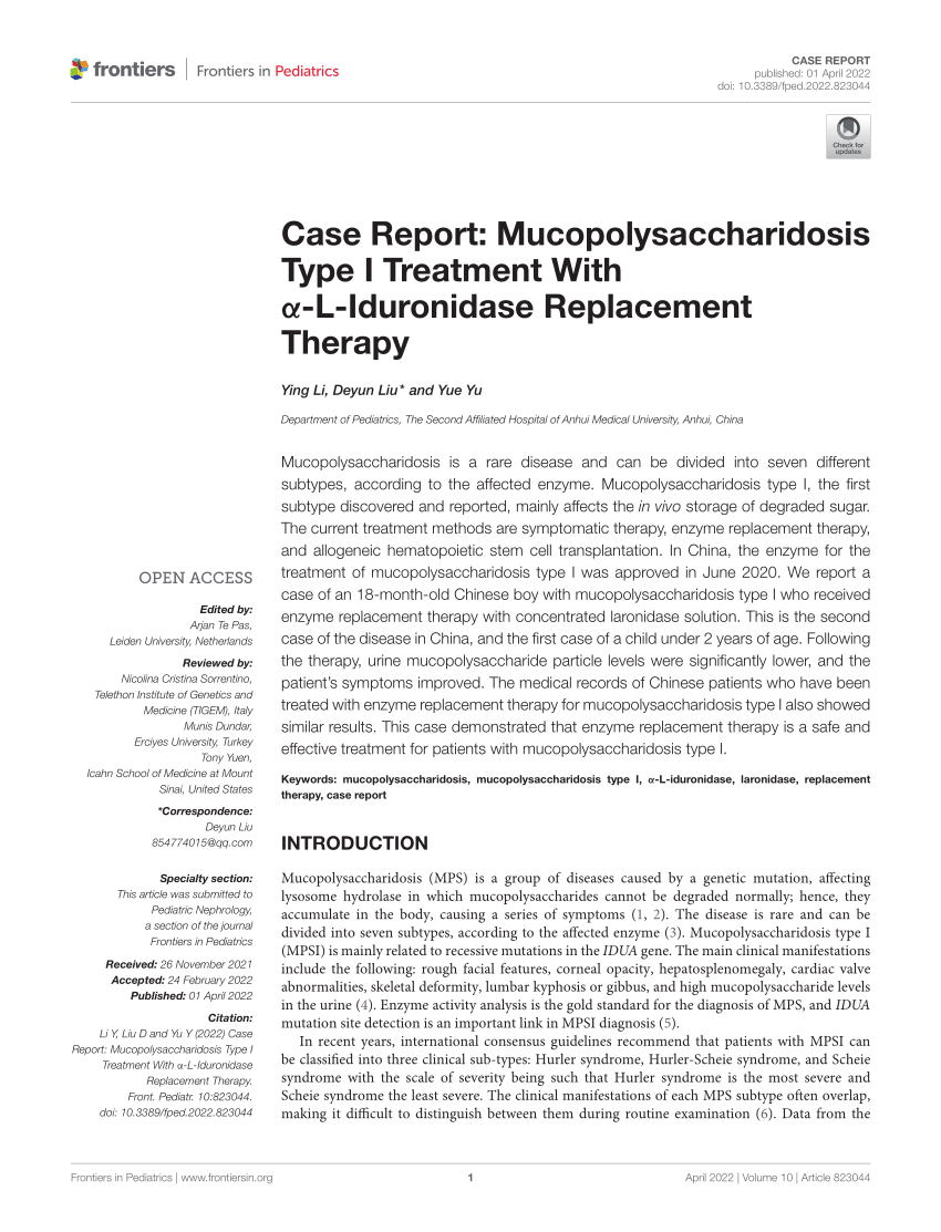 Pdf Case Report Mucopolysaccharidosis Type I Treatment With α L Iduronidase Replacement Therapy