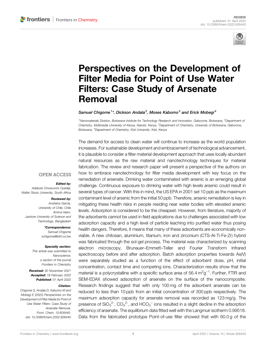 Frontiers  Perspectives on the Development of Filter Media for Point of  Use Water Filters: Case Study of Arsenate Removal