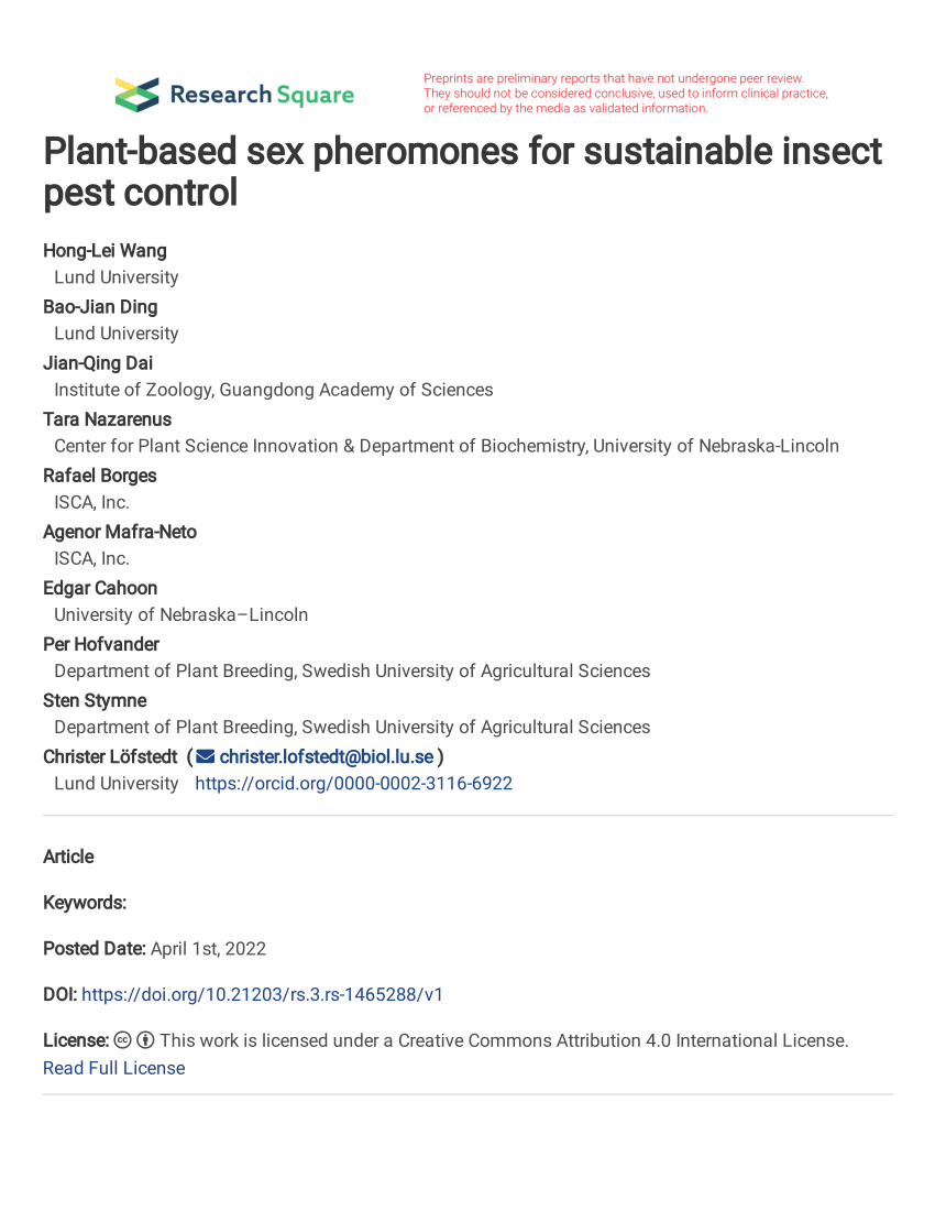 PDF Plant based sex pheromones for sustainable insect pest control 