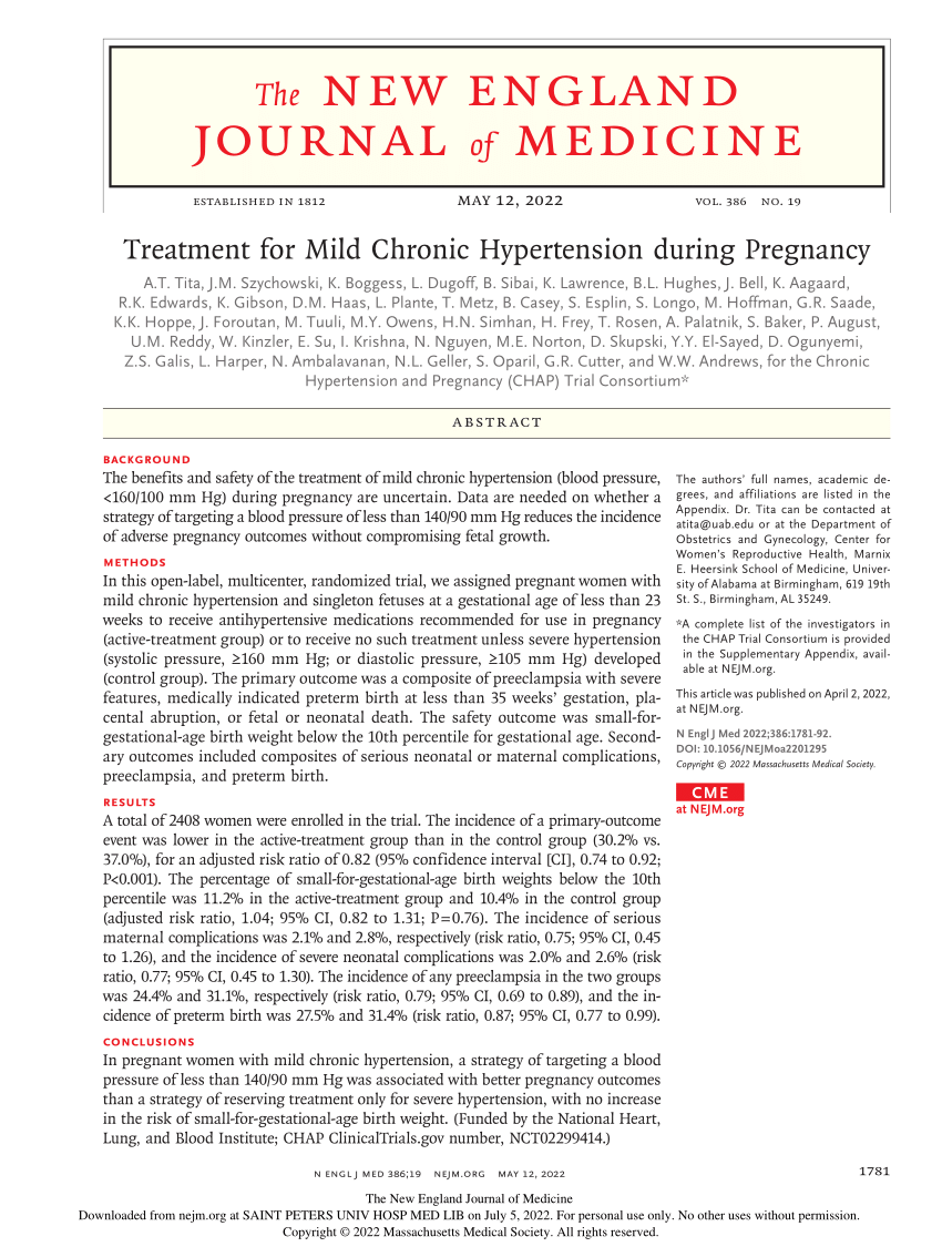 Treatment for Mild Chronic Hypertension during Pregnancy