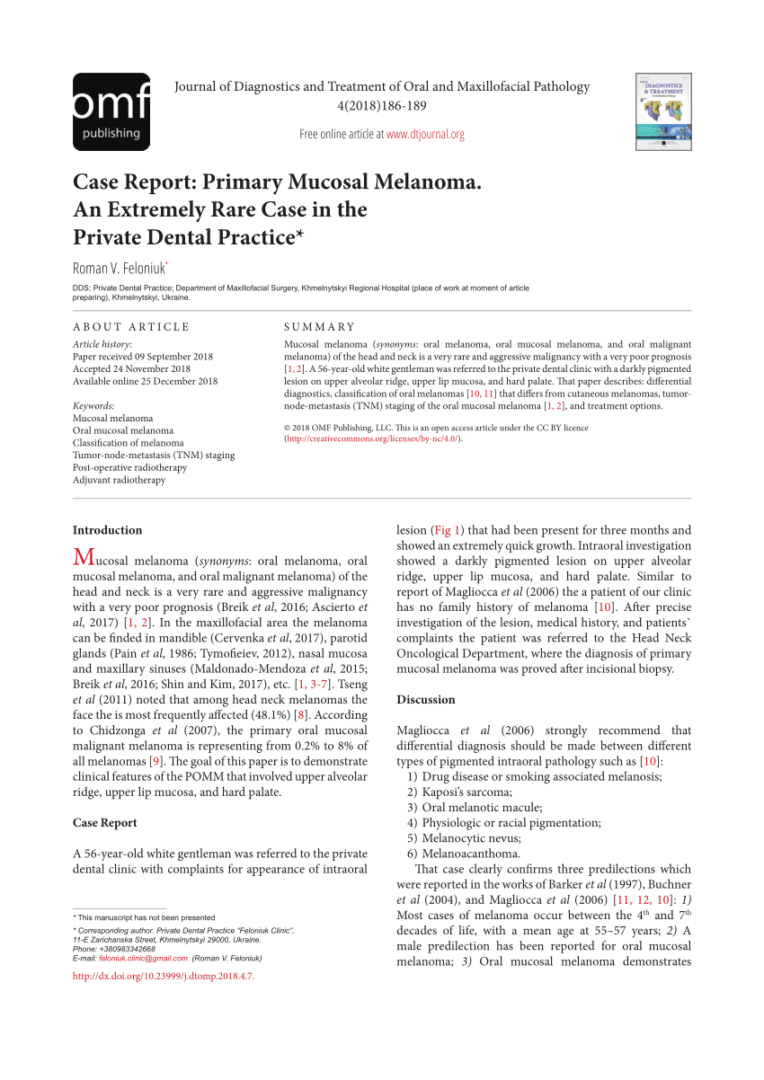 Pdf Case Report Primary Mucosal Melanoma An Extremely Rare Case In The Private Dental Practice