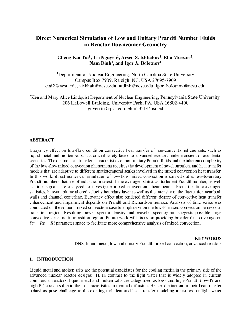 Pdf Direct Numerical Simulation Of Low And Unitary Prandtl Number Fluids In Reactor Downcomer 